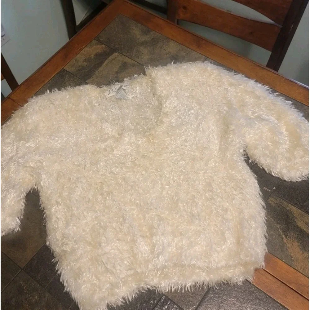 Vtg 90s Side Effects Ivory Hand Knit Fuzzy Eyelash‎ Sweater Women Size M  Y2K